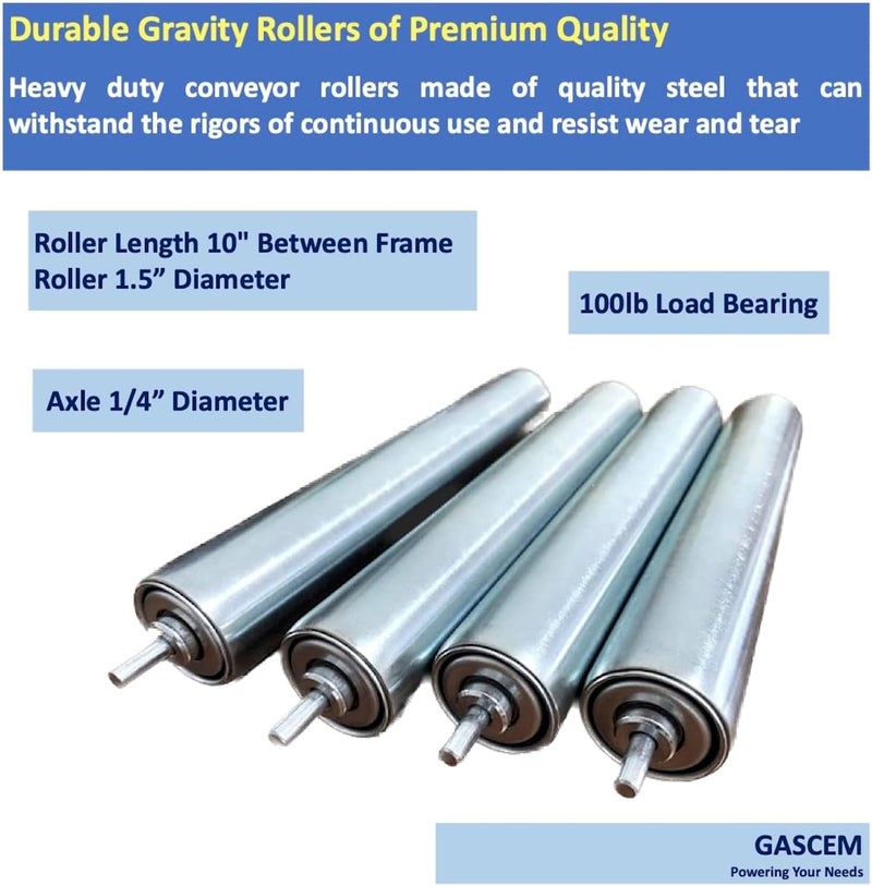Gascem بكرة ناقل فولاذية مجلفنة بقطر 1.5 بوصة وطول 10 بوصات، قطر المحور 1/4 بوصة | عبوة من 4 | بكرات فولاذية بديلة - Image 2